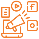 An orange icon with social media icons.
