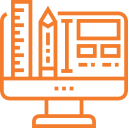 An orange home icon with a computer monitor.