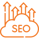 An orange cloud highlighting the word "seo" as part of a home marketing strategy.