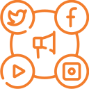 Orange and black social media icons.