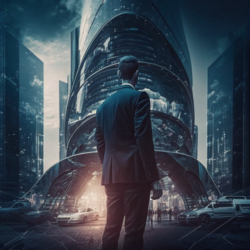 A man in a suit is standing in front of a futuristic city, showcasing the benefits of maximizing your marketing potential with a full-service marketing agency.