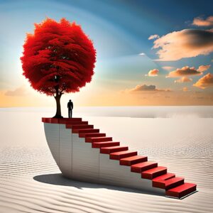 Red staircase leading up to a red tree with the shadow of a person at the top. Waves of light come from the tree. Full-Service marketing agency image.