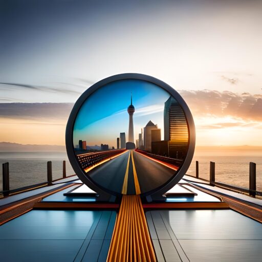 A comprehensive guide to local SEO for businesses with a circular mirror reflecting a city in the background.