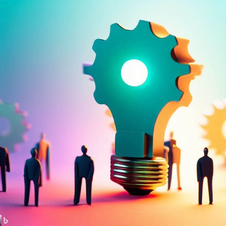 A group of people standing around a light bulb.