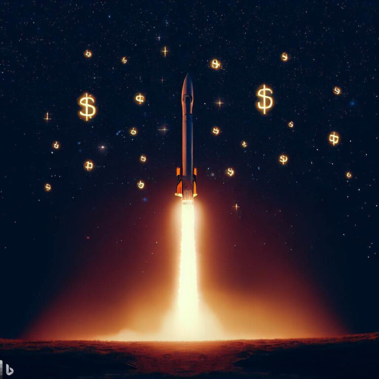 A digital marketing rocket blasting off with dollar signs ?.