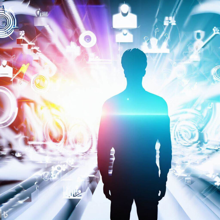 A blurry silhouette of a man standing in front of a background.