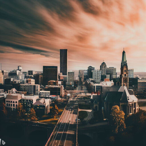 An aerial view of a city at sunset, showcasing local SEO in Portland.