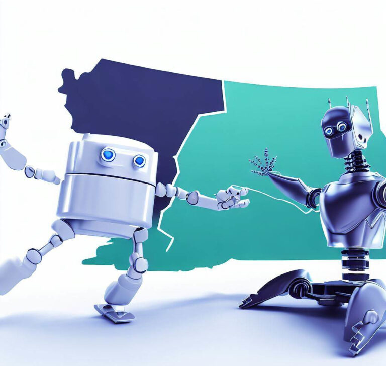 Two robots are battling in front of a map.