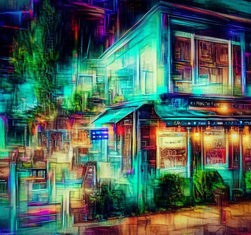 A digital painting of a restaurant in the dark.