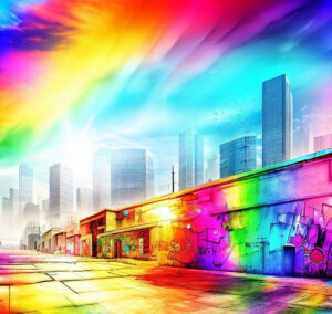 digital image of Portland metro with rainbow colors