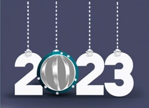 A new year's eve poster mastering digital marketing in 2023, featuring the number 2023 hanging from a string.