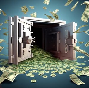 bank vault open with cash flying all around 2