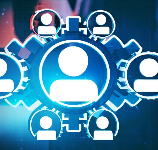 Outsourcing Marketing: A group of people surrounded by gears experiences transformative benefits.