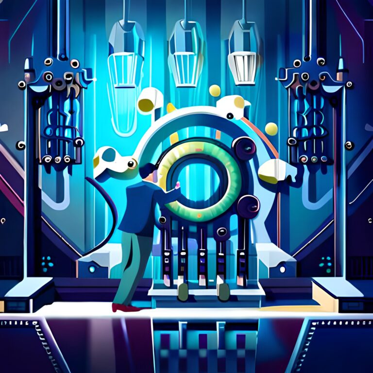 An illustration of a man standing in front of a top-rated machine.