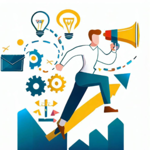 An illustration of a man running with a megaphone, exploring essential marketing agency services to unlock growth potential.