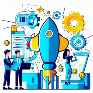 A flat illustration of business people and a rocket.