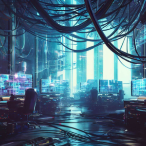 A computer room with futuristic aesthetics featuring an abundance of wires.
