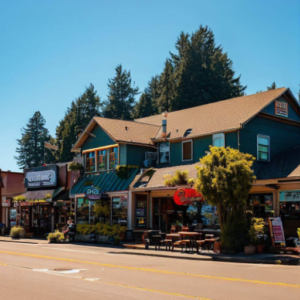 Unlocking Oregon's Market: Tailored Digital Marketing Solutions for Local Businesses on a vibrant street filled with shops and restaurants.