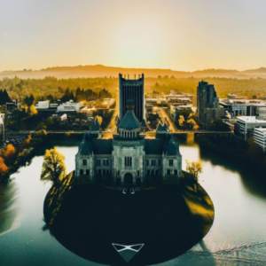 An elevated view of the city of Portland, Oregon.