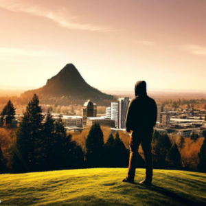 A man is standing on an elevated hill overlooking the city of Portland.