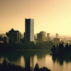 A city skyline with a serene lake in the background creates an elevated ambiance for your Oregon startup.