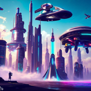 A futuristic city with spaceships.