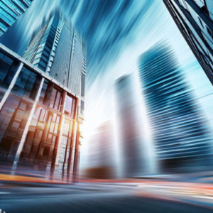 A hazy cityscape featuring towering buildings.