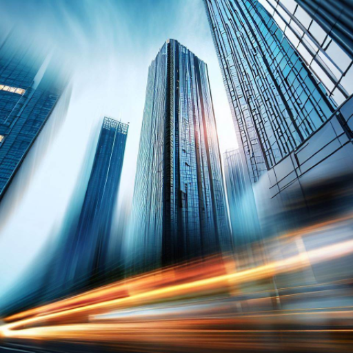 Urban skyline with towering buildings.