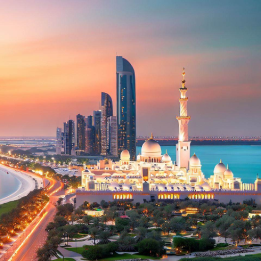 The grand mosque in Abu Dhabi at dusk offers breathtaking views.