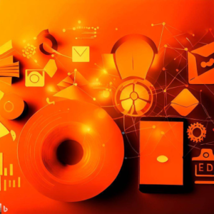 An orange background with various icons representing top digital marketing agencies.