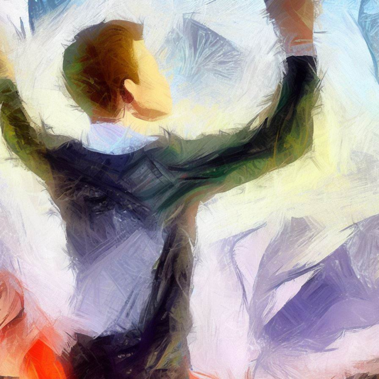A painting of a man with his arms raised depicts the achievement of success.
