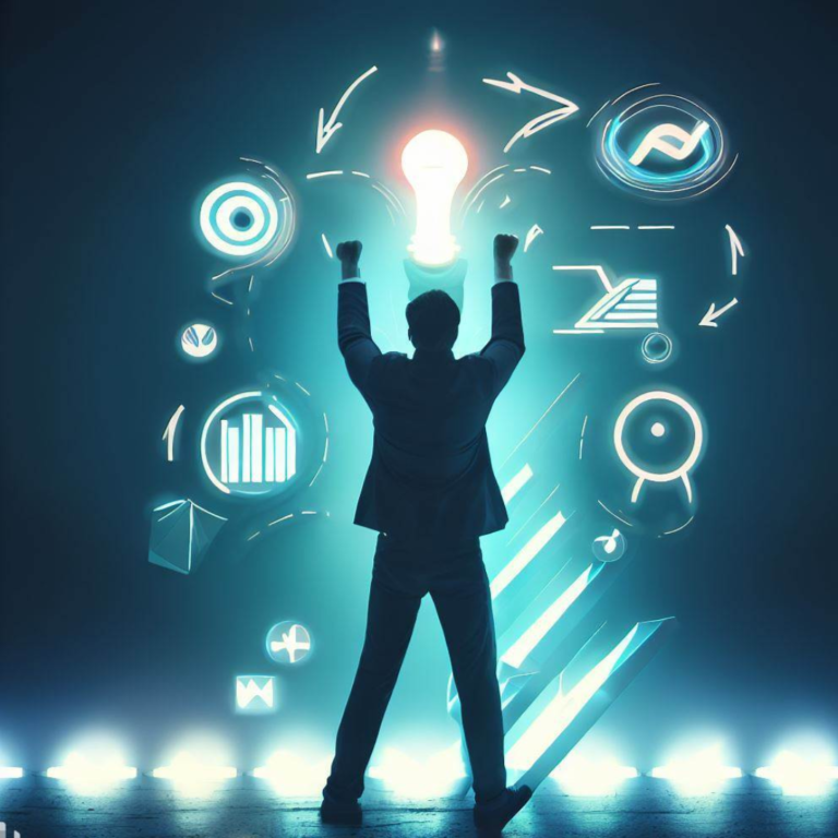 A businessman elevating brand in front of a light bulb.