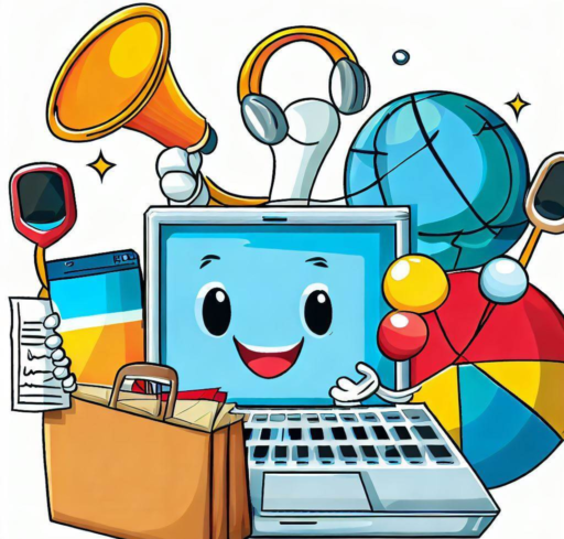 A cartoon illustration of a laptop surrounded by various objects showcases digital marketing strategies.
