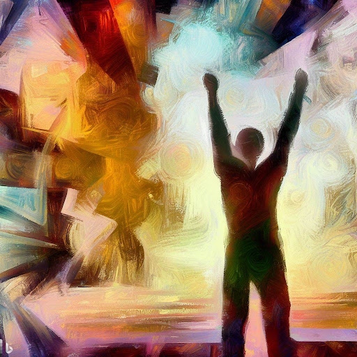 An abstract painting representing a man in triumph with arms raised.