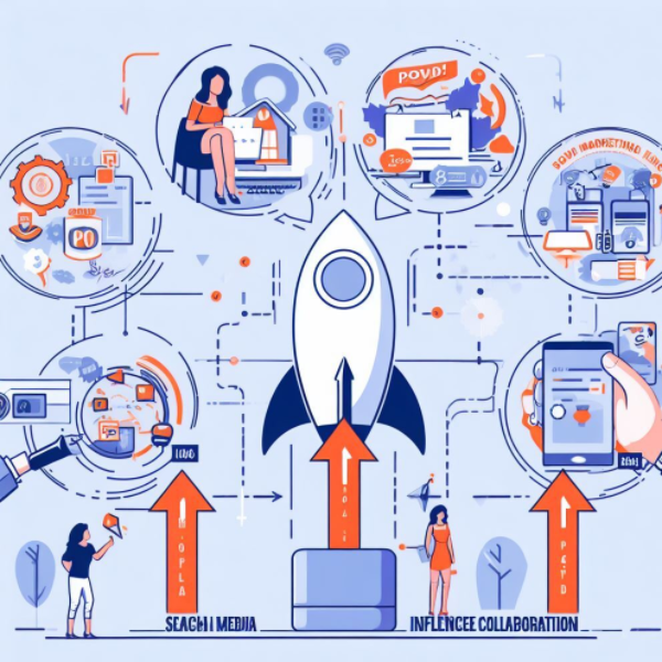 An illustration of a rocket with social media icons on it that demonstrates "10 Unbeatable Ways to Boost Your Brand's Online Footprint.