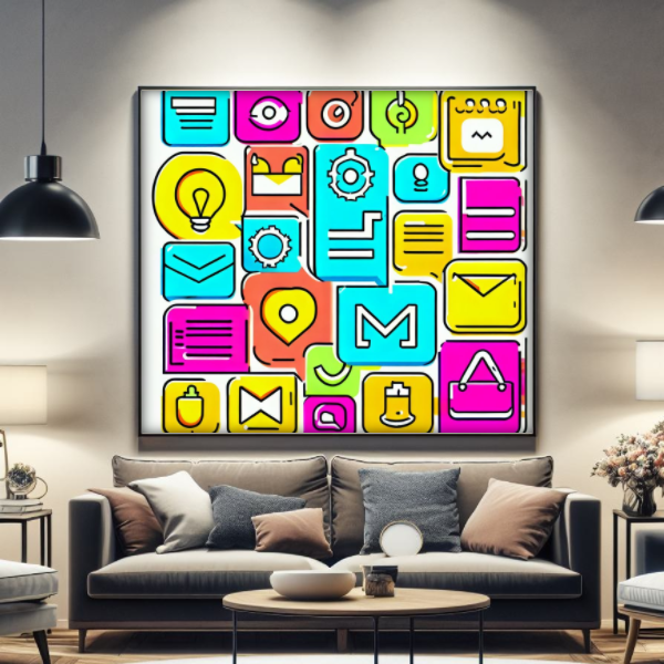 Colorful icons hanging above couch in living room.