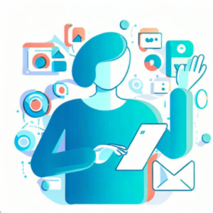 An illustration of a person holding a tablet in front of icons demonstrating user experience and SEO best practices for 2023.