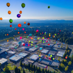 A full-service marketing revolution in Hillsboro, featuring a group of colorful balloons flying over a city.