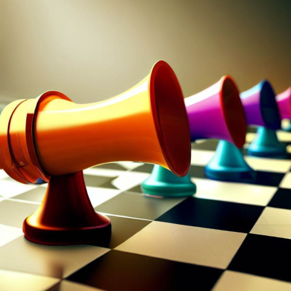 Colorful megaphones on a chess board, demonstrating strategies to outrank competitors in the marketing game.