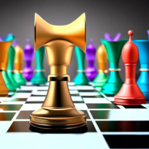 Colorful chess pieces on a chess board depicting the competitive marketing game.