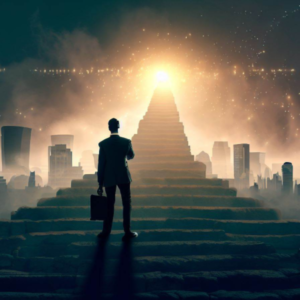 A businessman ascends a stairway, illuminated by a bright light.