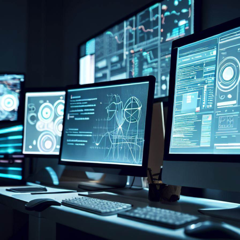 A group of computer monitors in a dark room, powered by Nesace Media's digital marketing mastery.