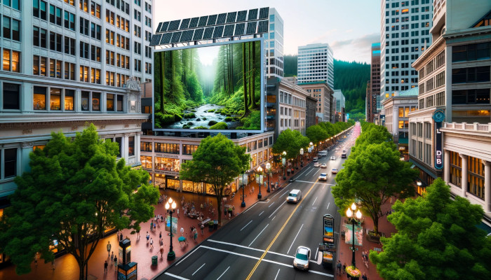 A city street with trees and buildings in the background. Oregon's Digital Agencies: Pioneers in Sustainable Marketing,