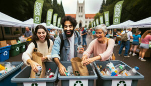 A group of people standing in front of recycling bins, demonstrating sustainable practices.