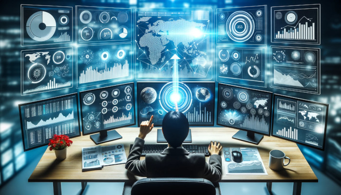 A man is sitting at a desk with several monitors in front of him, studying the Ultimate Guide to Digital Marketing Strategies for 2023.