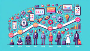 An illustration of a group of people standing in front of a graph from the Ultimate Guide to Digital Marketing Strategies: 2023.