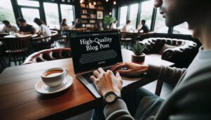 A man typing on a laptop in a coffee shop, achieving stellar organic SEO results in a competitive landscape.