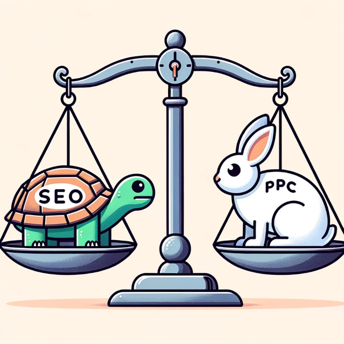 A turtle and a rabbit on a scale learning how to maximize ROI by uniting PPC and SEO for holistic digital marketing.