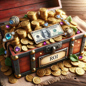 A chest full of gold coins and jewels, maximizing ROI by uniting PPC and SEO for holistic digital marketing.