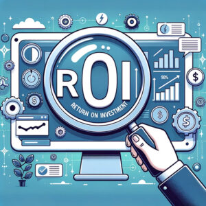 A hand holding a magnifying glass with the word ROI on it, showcasing the significance of uniting PPC and SEO in a holistic approach to digital marketing.